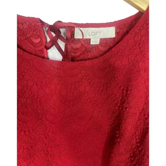 Ann Taylor LOFT Embroidered Short Sleeve Sheer Lace Top Tie Back M Red #2554 - Picture 6 of 12